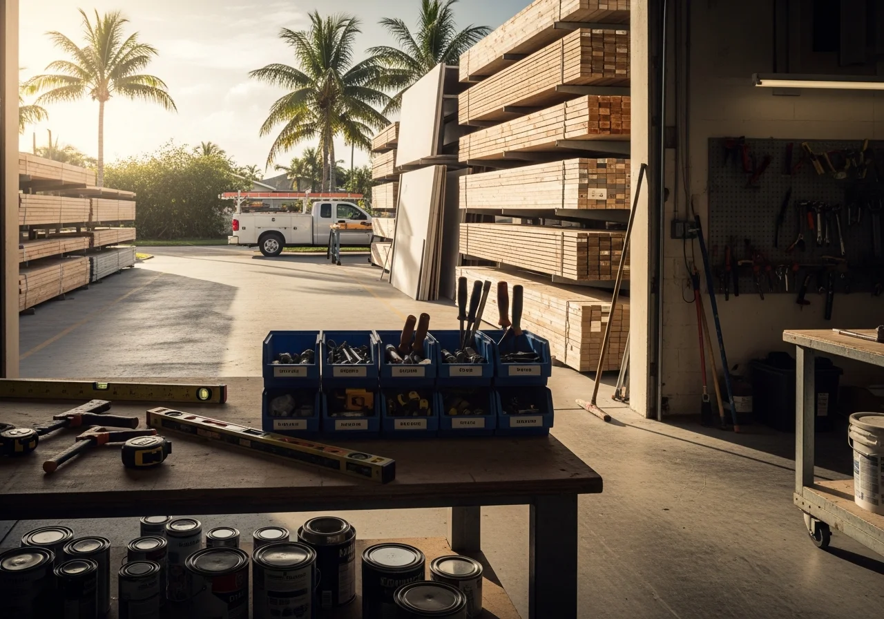 A professional construction crew with tools and equipment ready for property remodeling work on a residential site.