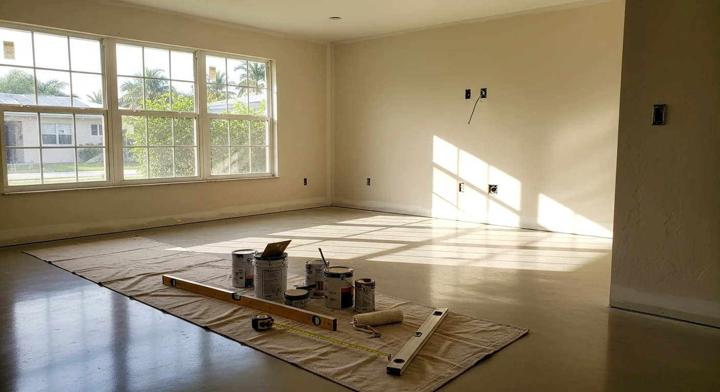 Interior remodeling project showing finished kitchen and living space