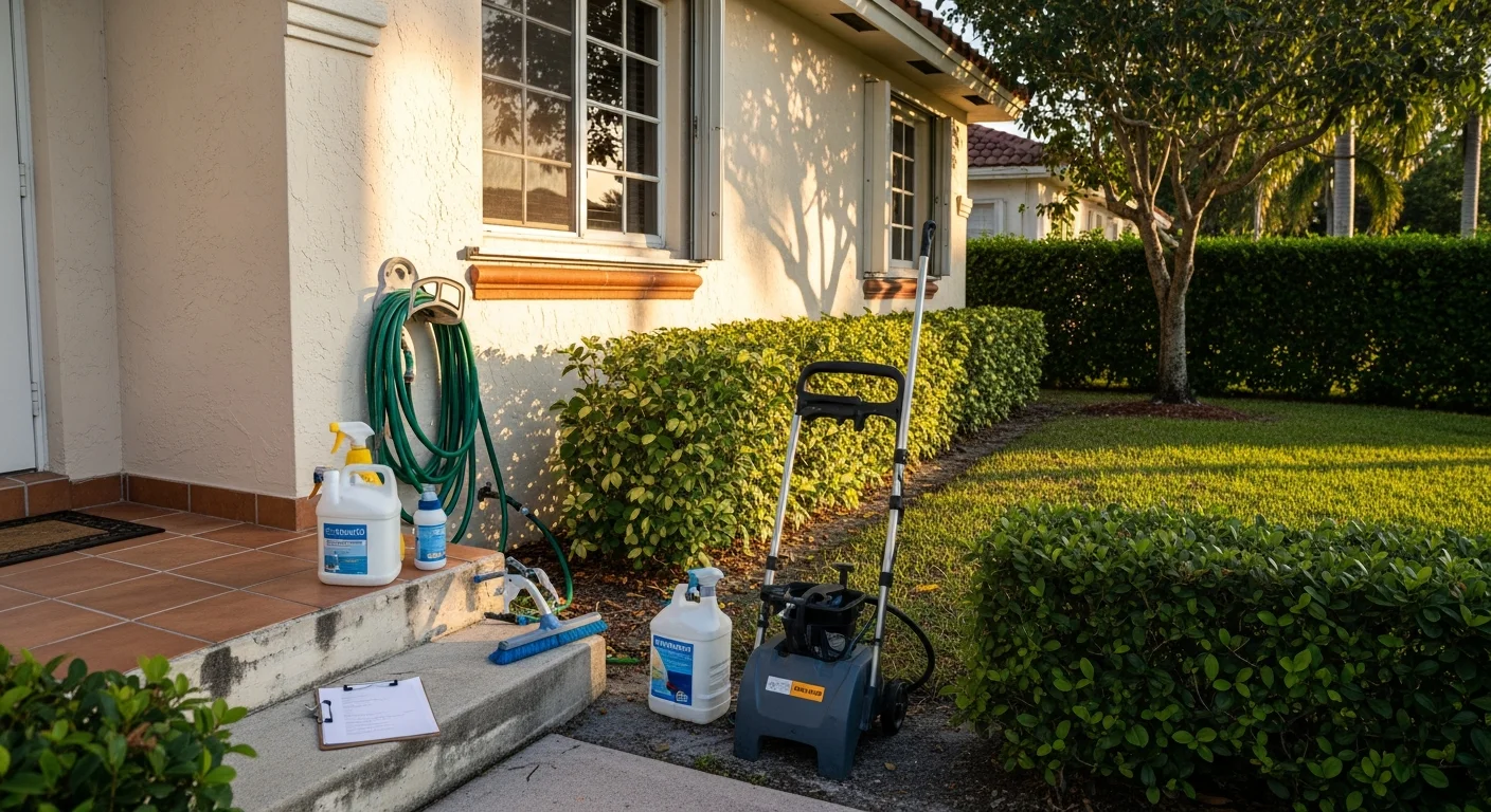 Property manager reviewing maintenance checklist at residential property