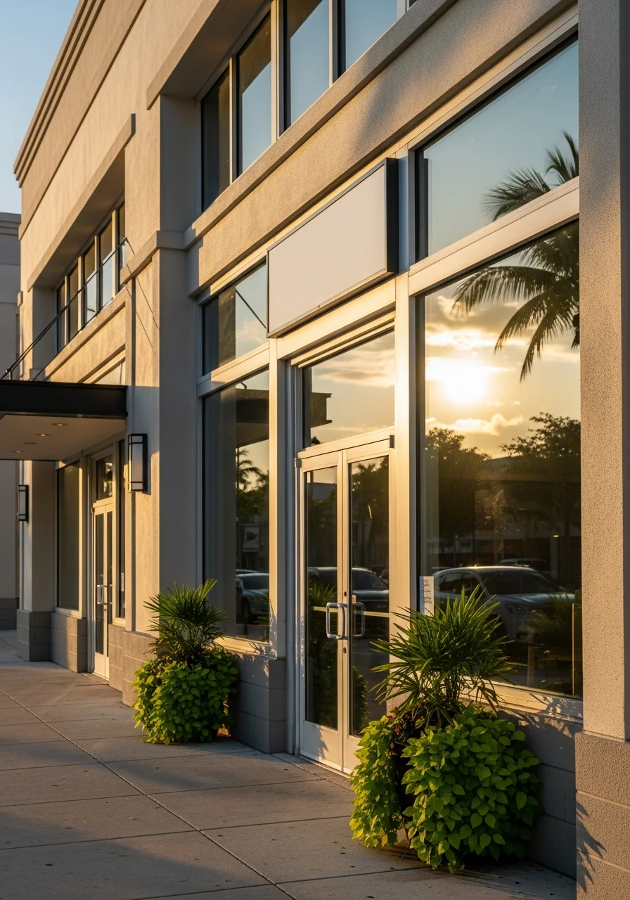 Detail of a well-maintained commercial storefront in a Broward County shopping district.