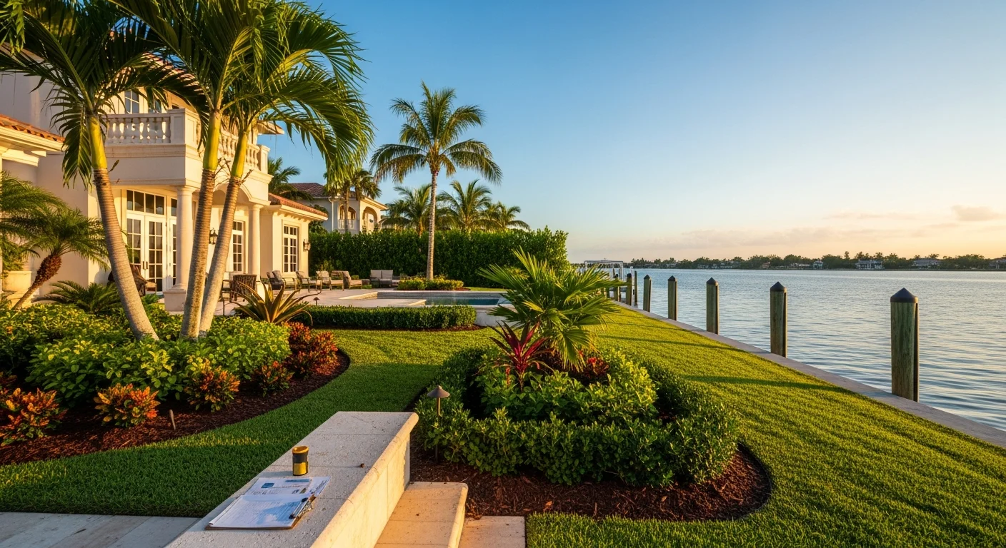 Waterfront residential property in Palm Beach County with mature landscaping and clear blue sky.