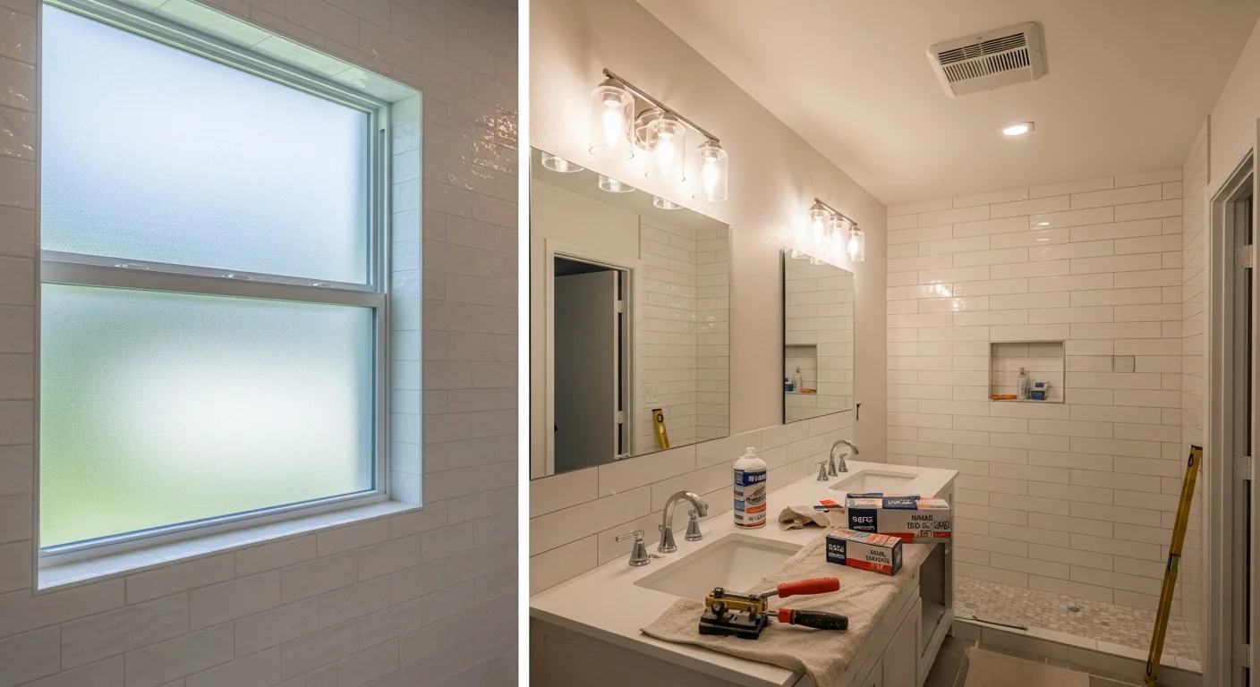 A fully remodeled bathroom in a Palm Beach County home featuring a walk-in shower, updated vanity, and large-format floor tile. The finished space reflects durable, humidity-resistant materials suited to South Florida's coastal climate.
