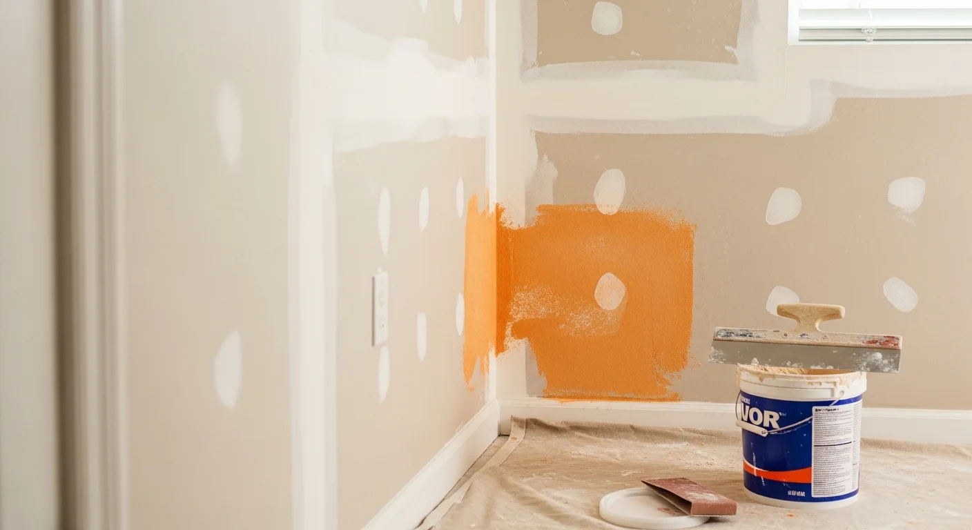 A freshly repaired and texture-matched interior wall in a Palm Beach County home, showing a smooth knockdown finish ready for paint. The repaired section blends evenly with the surrounding drywall surface with no visible seams or patches.