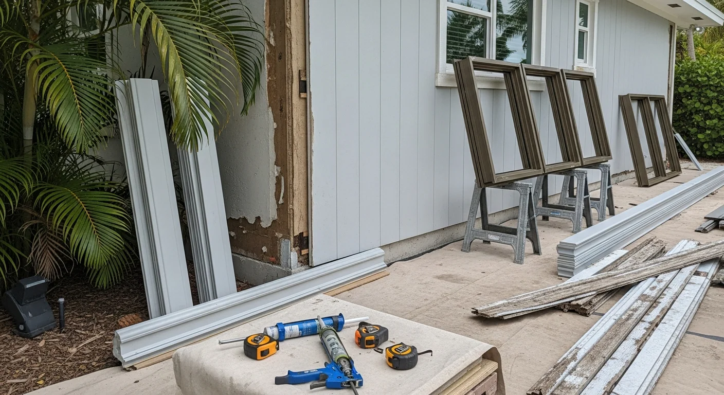 Completed exterior remodeling project on a residential property in Palm Beach County, Florida, showing fresh siding, updated windows, and a clean roofline. The finished exterior reflects durable construction suited to the area's coastal climate and storm exposure.