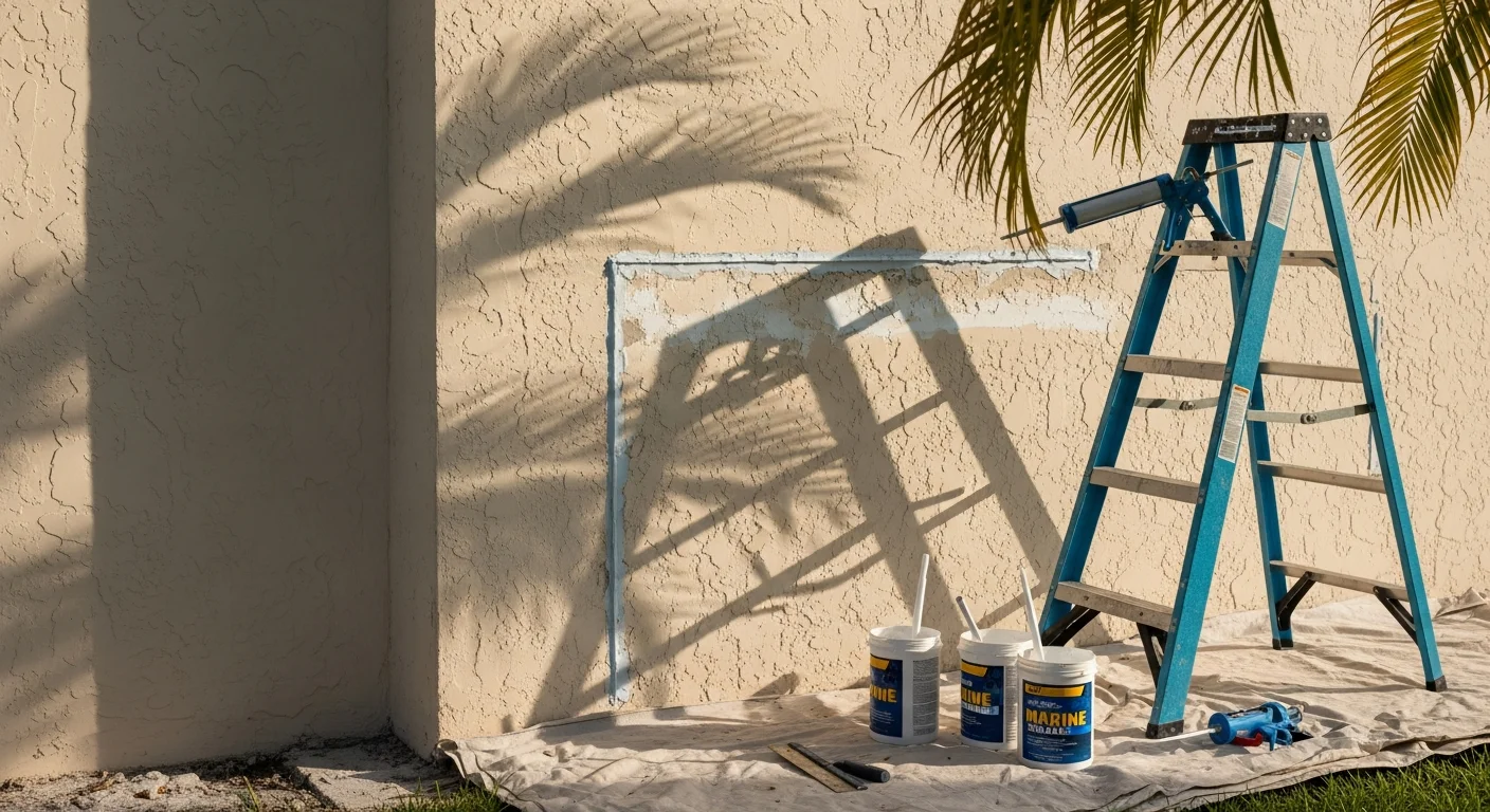 A handyman from Allegiance Property Management repairing deteriorated soffit and fascia on a stucco home in Palm Beach County, Florida. The repaired trim shows clean wood replacement and fresh sealant applied along the roofline.
