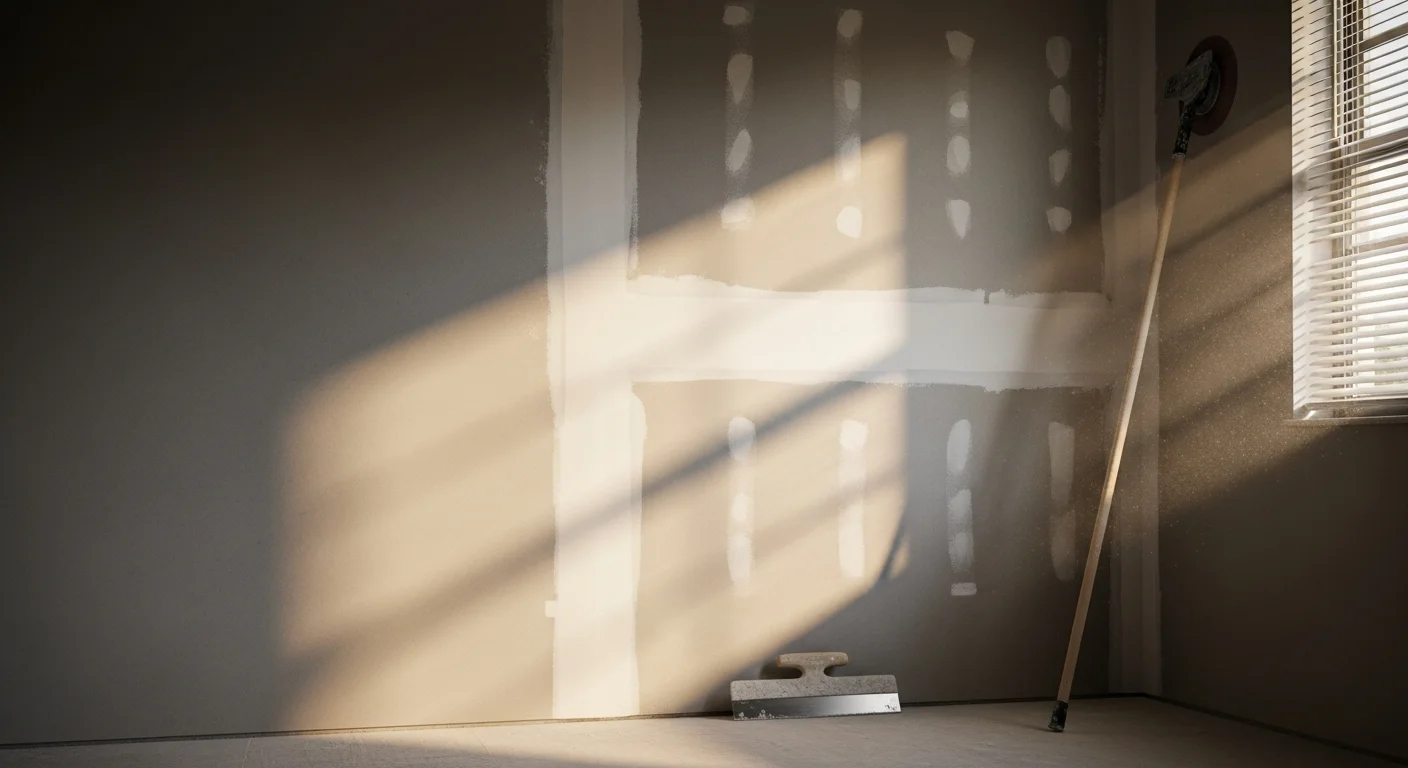 A handyman repairing a swollen interior door frame inside a Palm Beach County residential property. The finished repair shows a flush-fitting door with clean trim in a well-lit hallway.