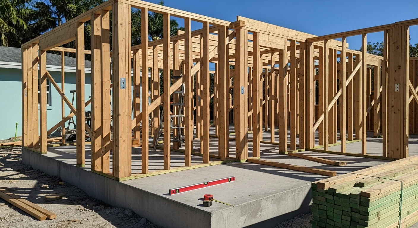A newly completed single-story home addition in Palm Beach County with a matching roofline and exterior finish tied into the original structure. The expanded living space includes large windows and connects directly to the existing home through an open interior doorway.
