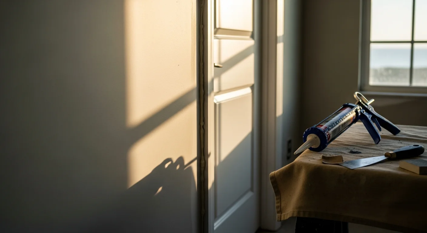 A handyman inspecting and repairing a swollen interior door frame inside a Palm Beach County residential home. Close-up view shows tools and trim work in progress in a well-lit Florida home interior.