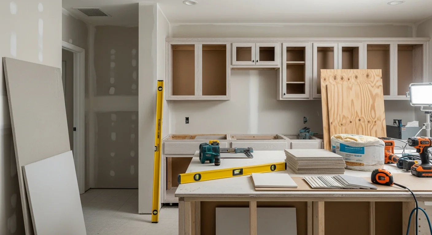 Remodeled interior living space in a Palm Beach County residential home showing updated flooring, fresh drywall finishes, and reconfigured open-concept layout. General contractor work completed by Allegiance Property Management for a South Florida property.