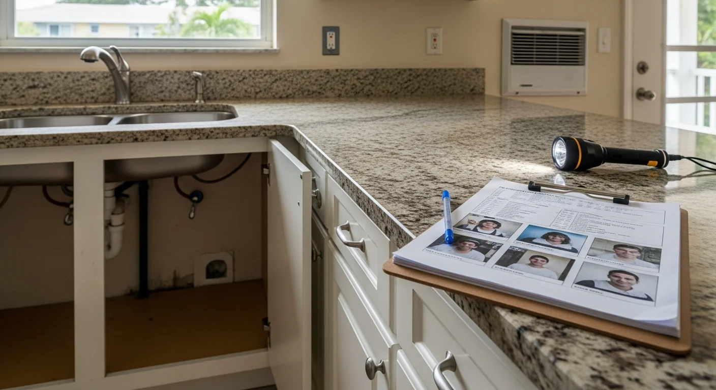 A property manager conducting a rental inspection inside a single-family home in Palm Beach County, reviewing the HVAC unit and documenting findings on a clipboard. Exterior view of a well-maintained Florida rental property with a tile roof and palm trees in the background.