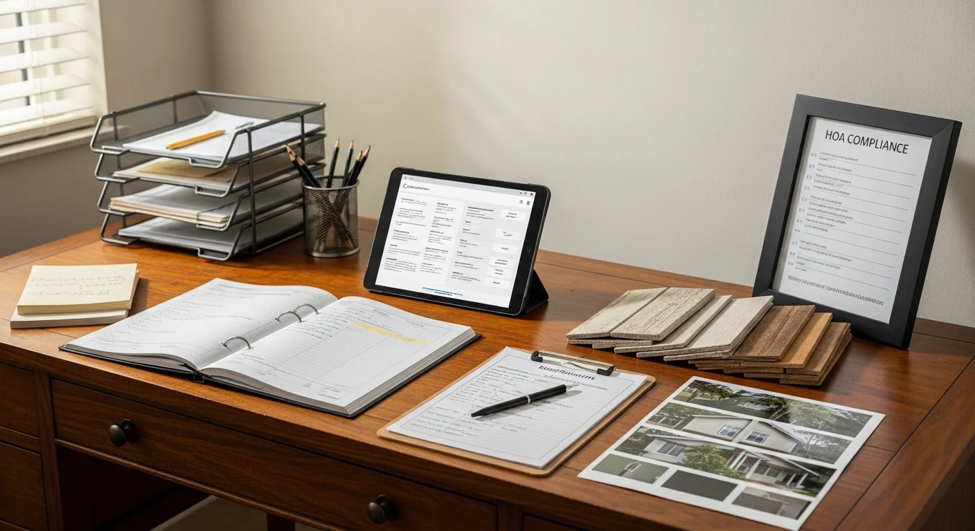 A well-maintained single-family rental home in Palm Beach County with a clean exterior, trimmed landscaping, and no visible wear. A property maintenance coordinator reviews a completed work order on a clipboard outside the front entrance.